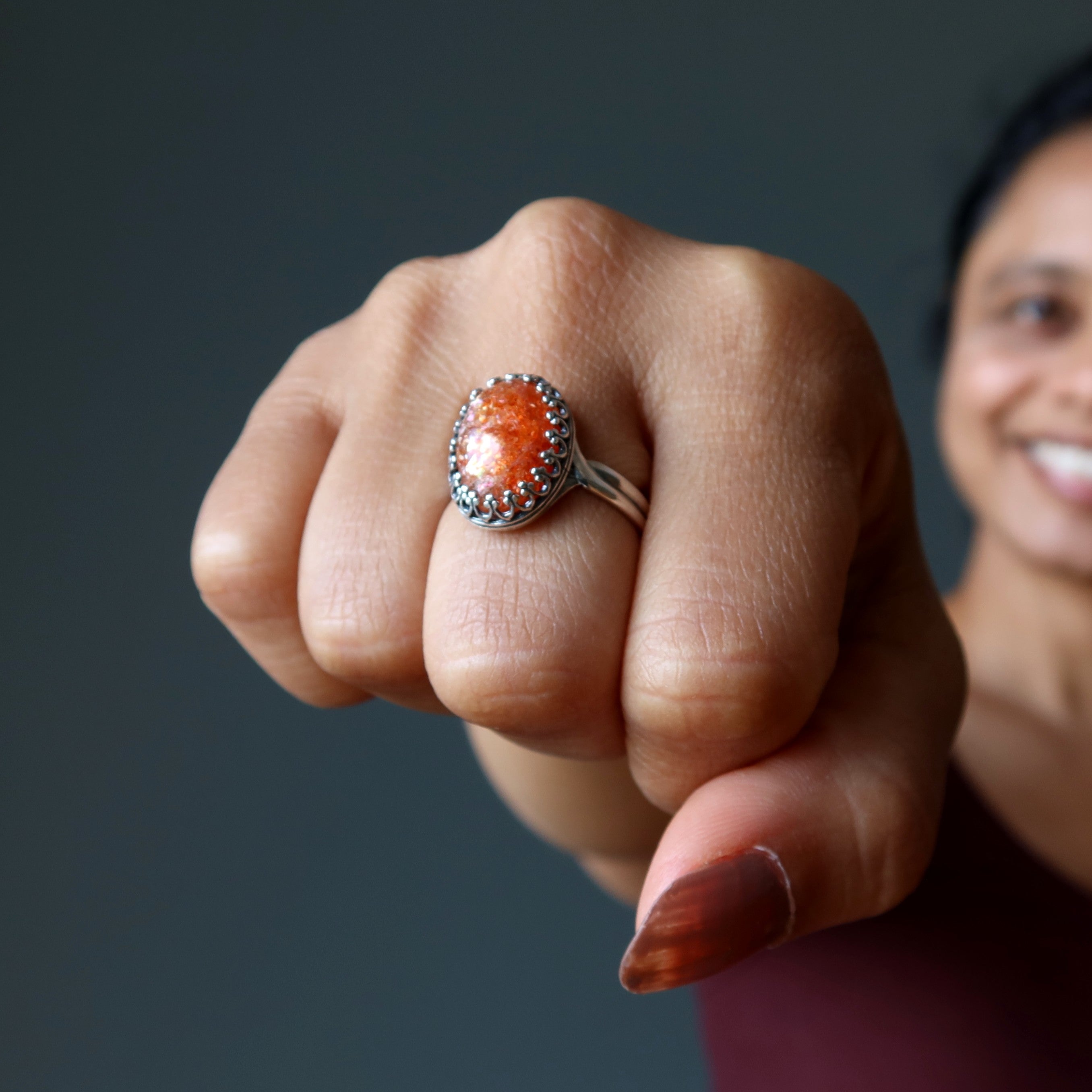 Sunstone Ring Red Sun Gem Sterling Silver Adjustable