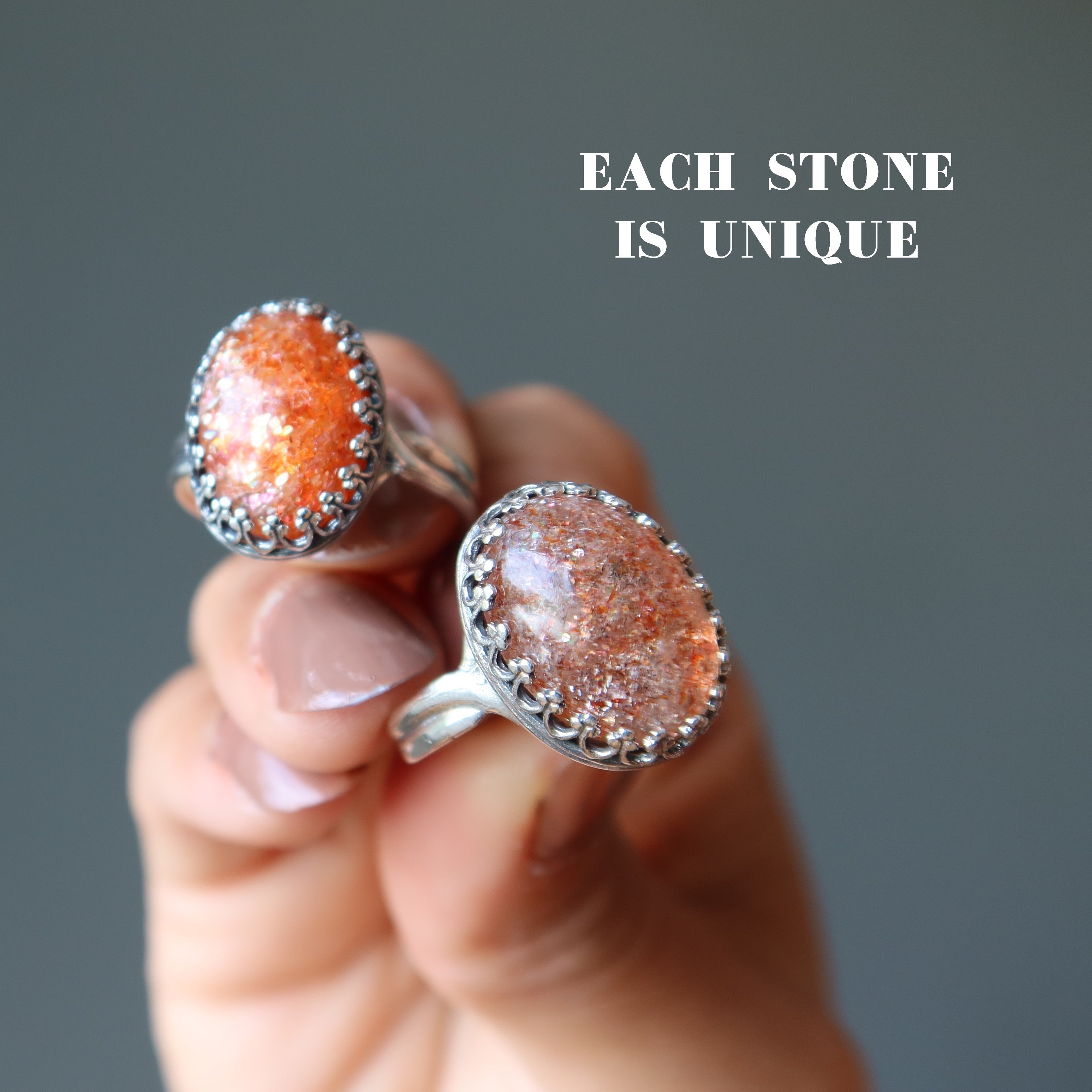 Sunstone Ring Red Sun Gem Sterling Silver Adjustable