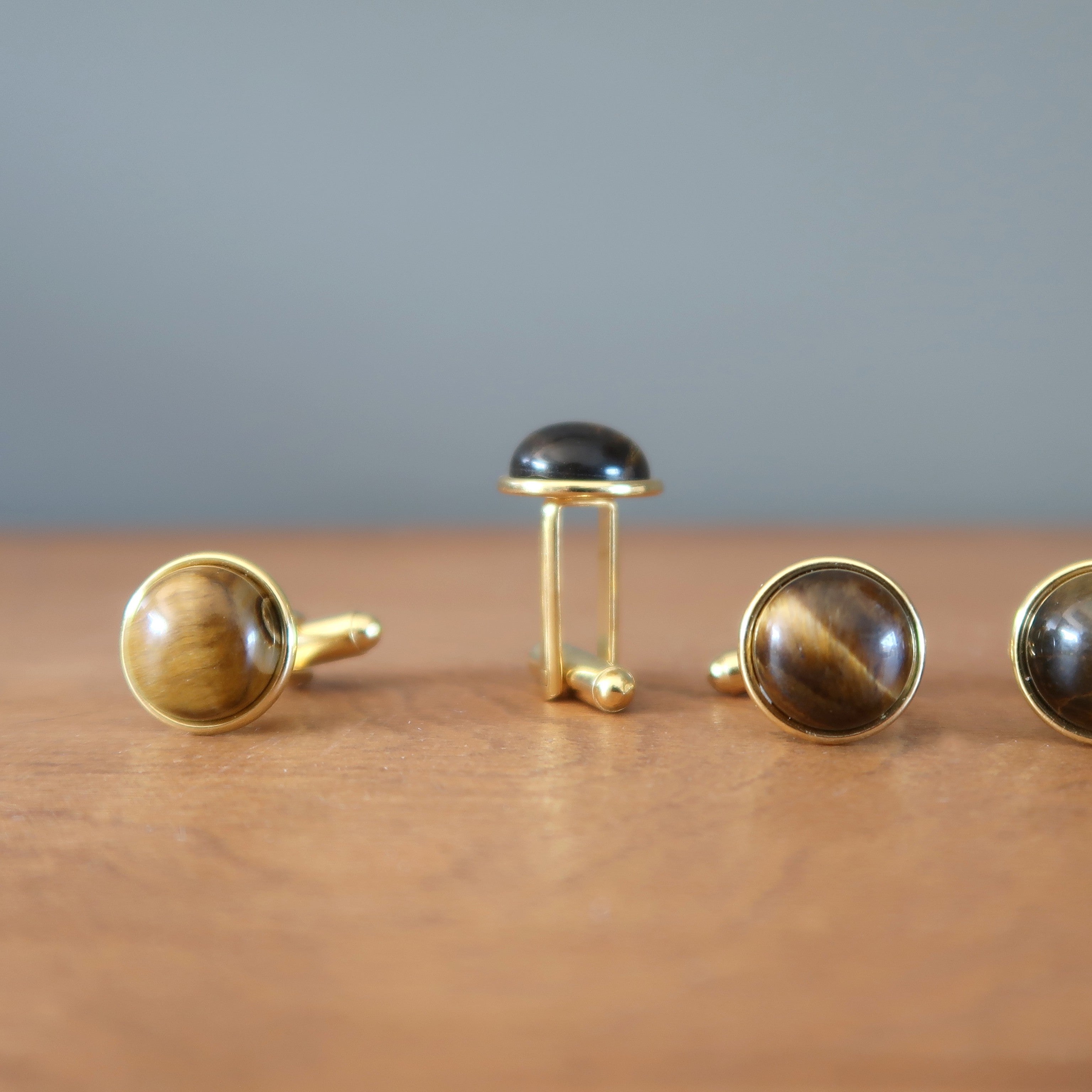 Tigers Eye Cufflinks Brown Shiny Stones Gold