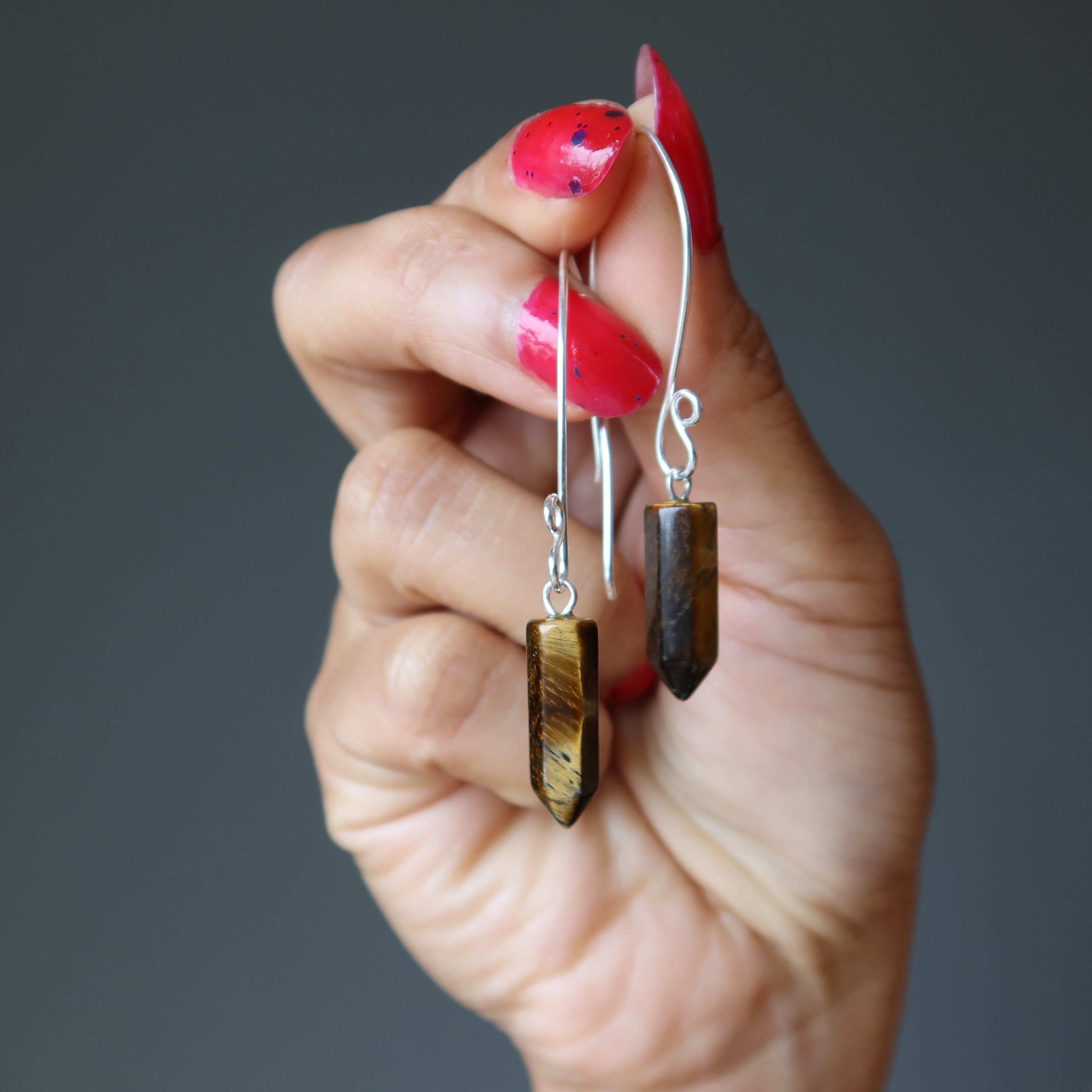 Tigers Eye Earrings Point Me to Success Fine Hill Tribe Silver