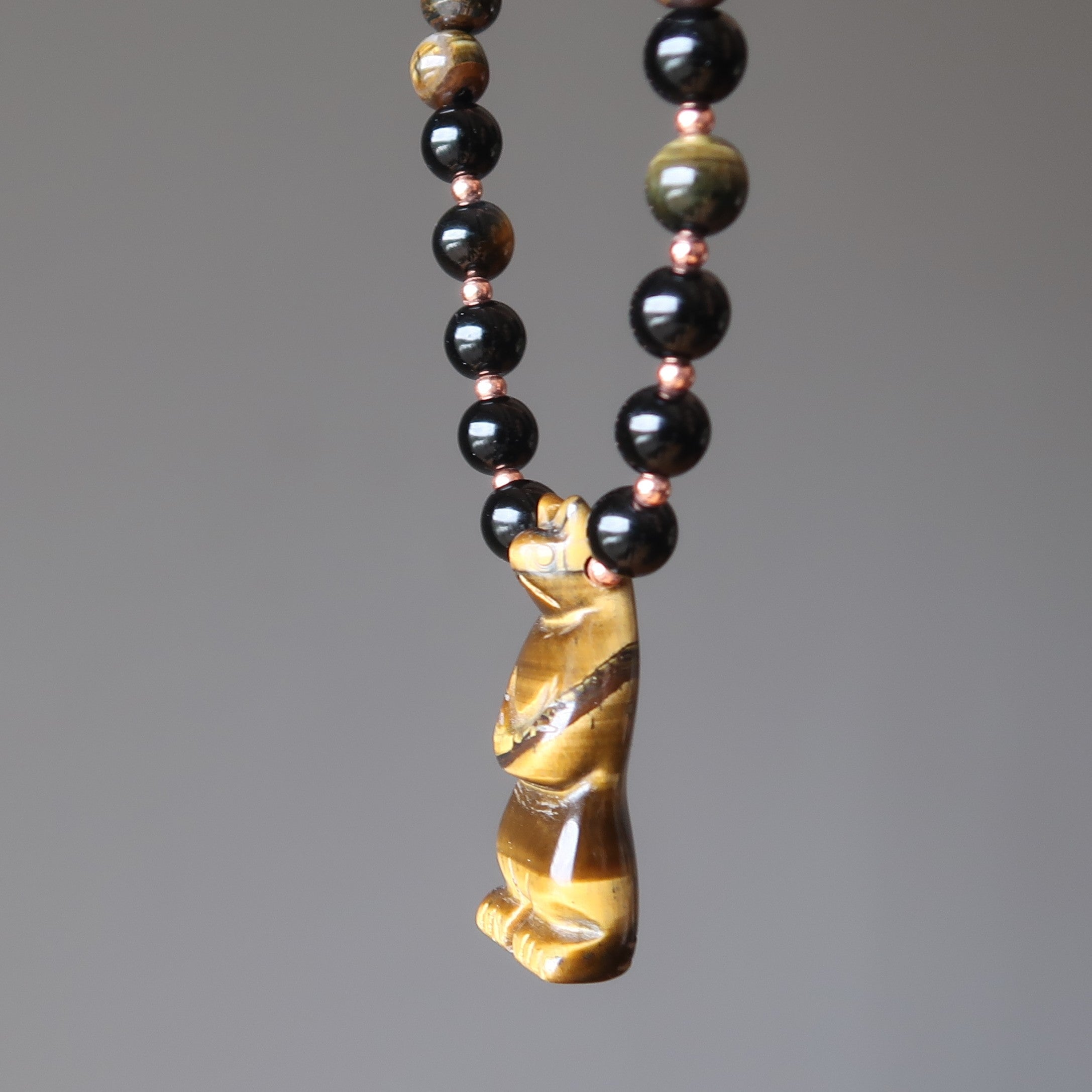 Tigers Eye Necklace Mighty Bear Black Obsidian Protector