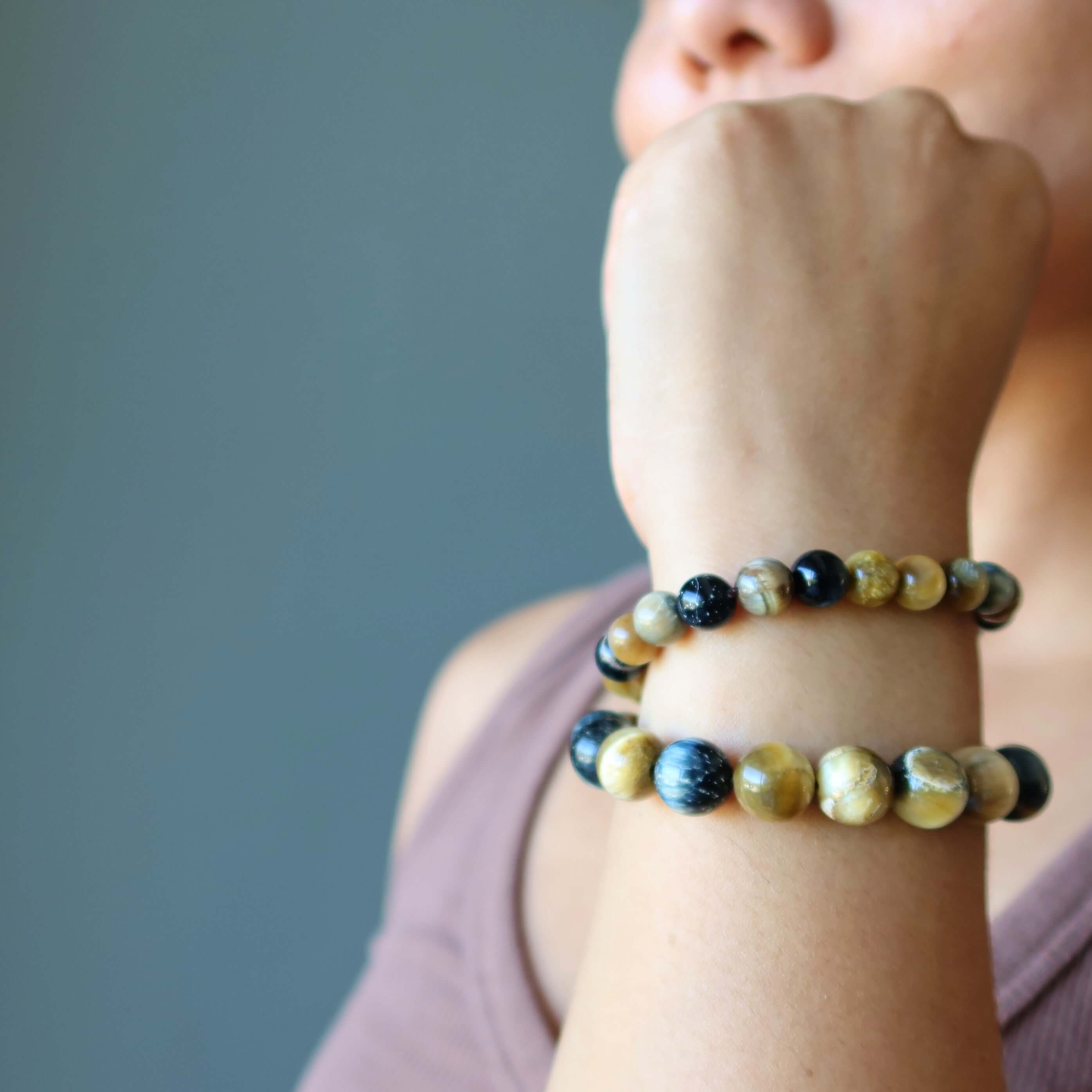 Tigers Eye Bracelet Honey Brown Blue Hawks Stone