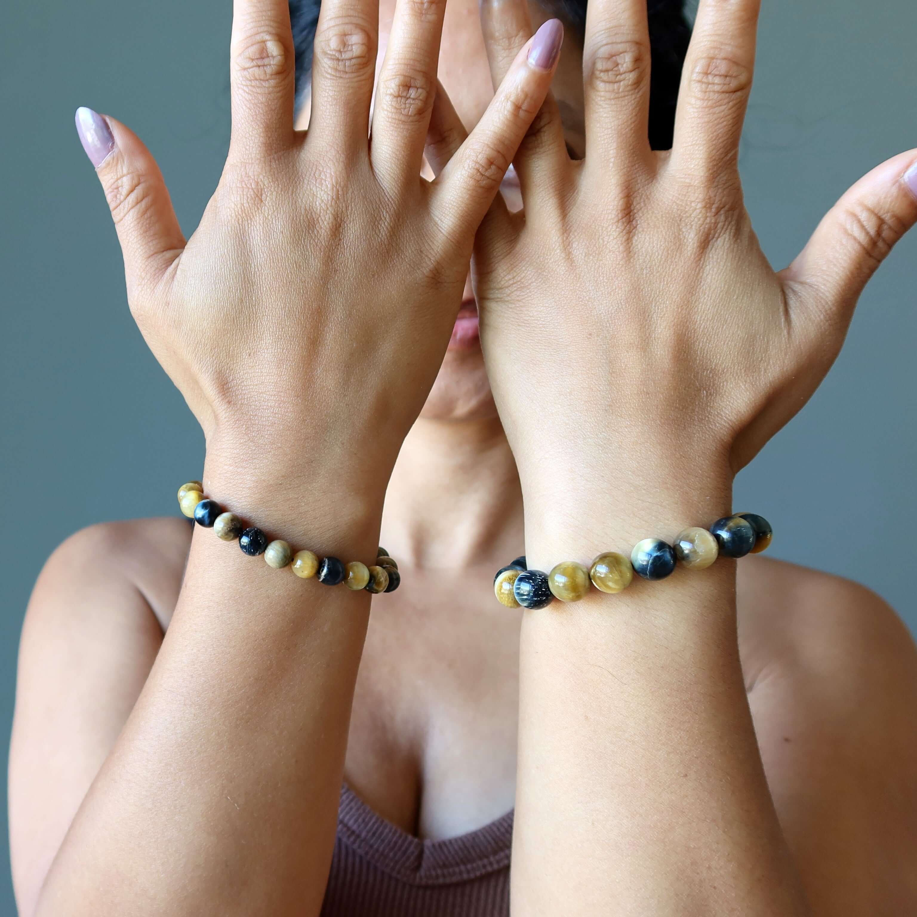 Tigers Eye Bracelet Honey Brown Blue Hawks Stone