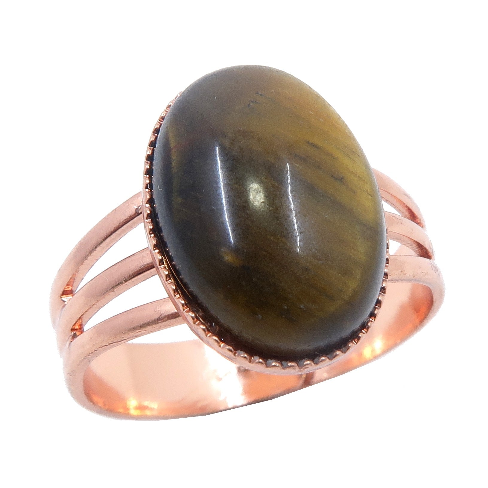 Bague Œil de tigre en cuivre ajustable avec gemme naturelle dorée