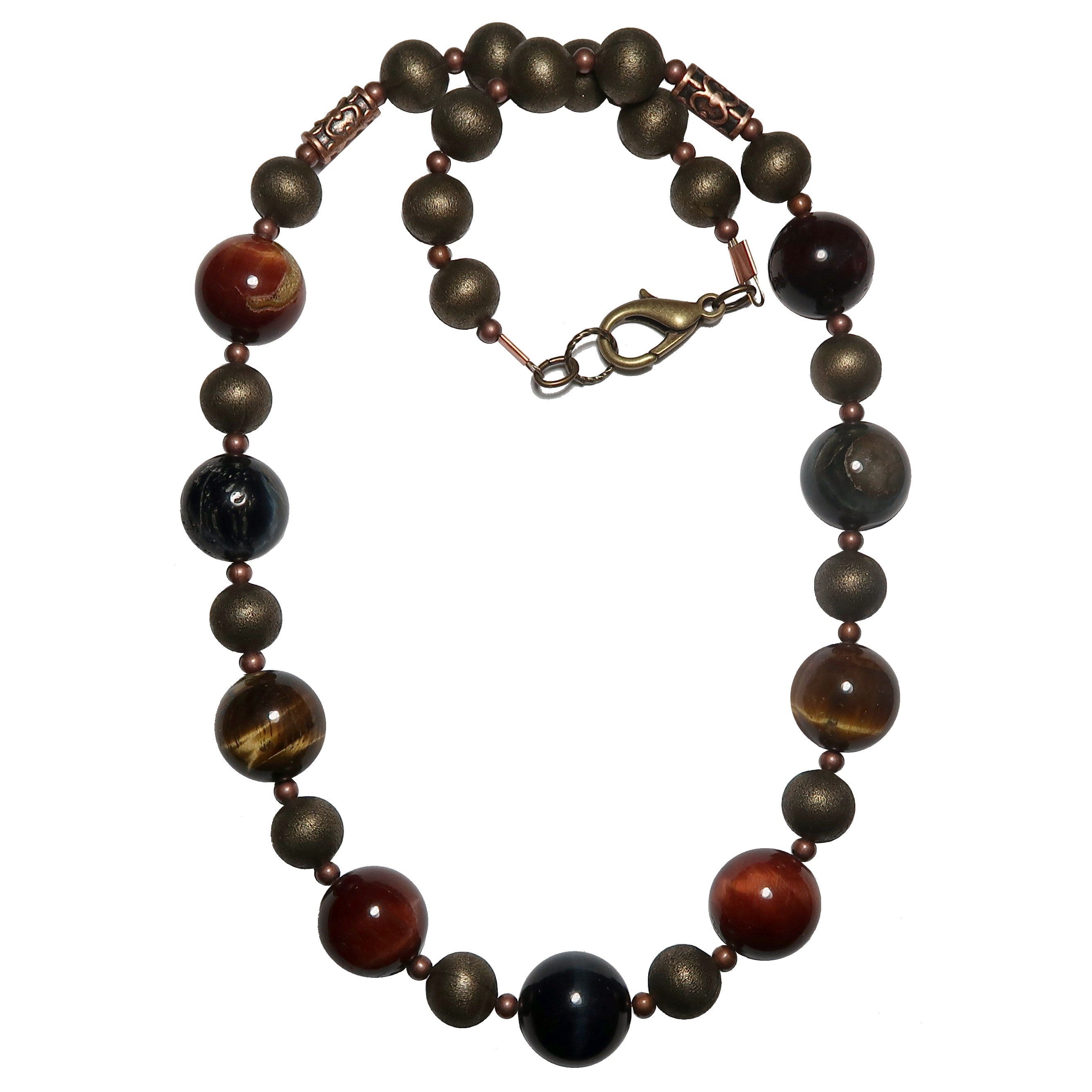 Collier œil de tigre rustique perles œil de faucon bleues laiton
