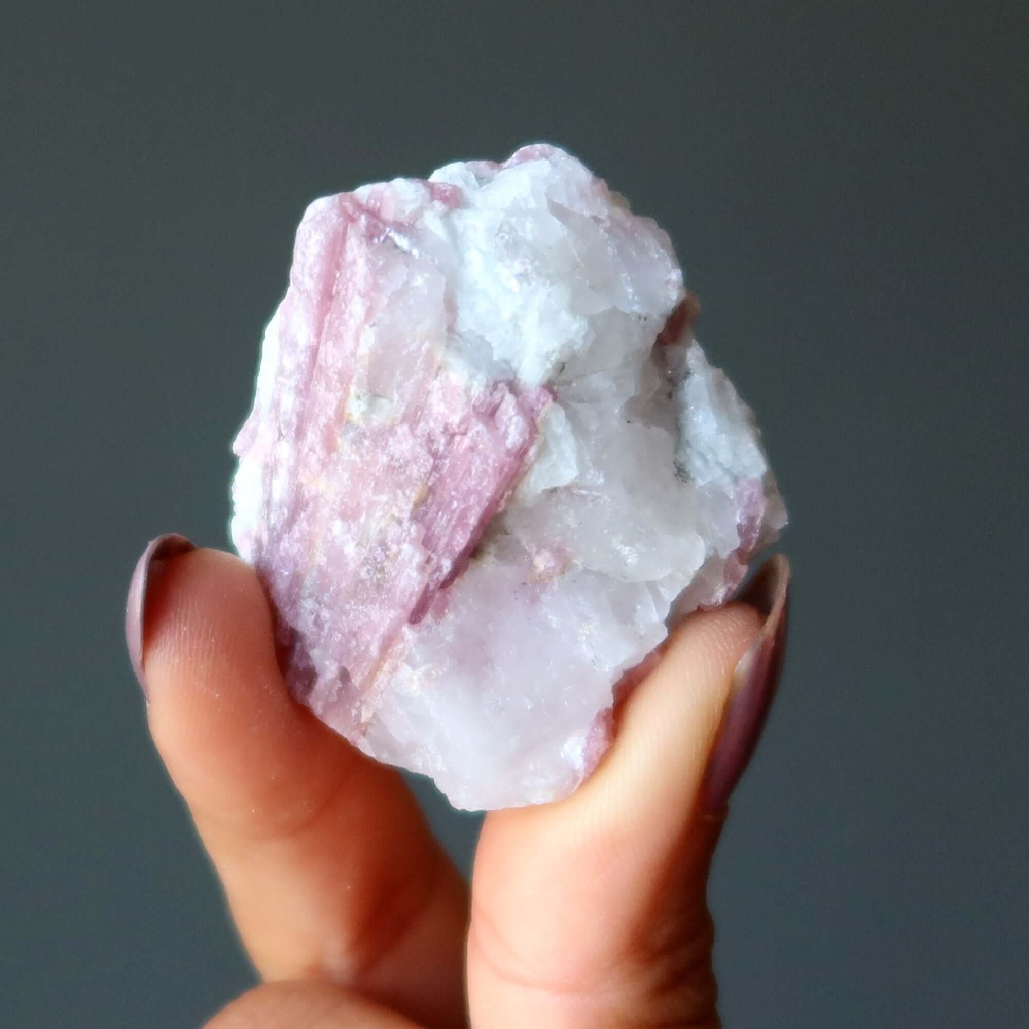 Pink Tourmaline Raw Crystal Romance Stone in Snow Quartz