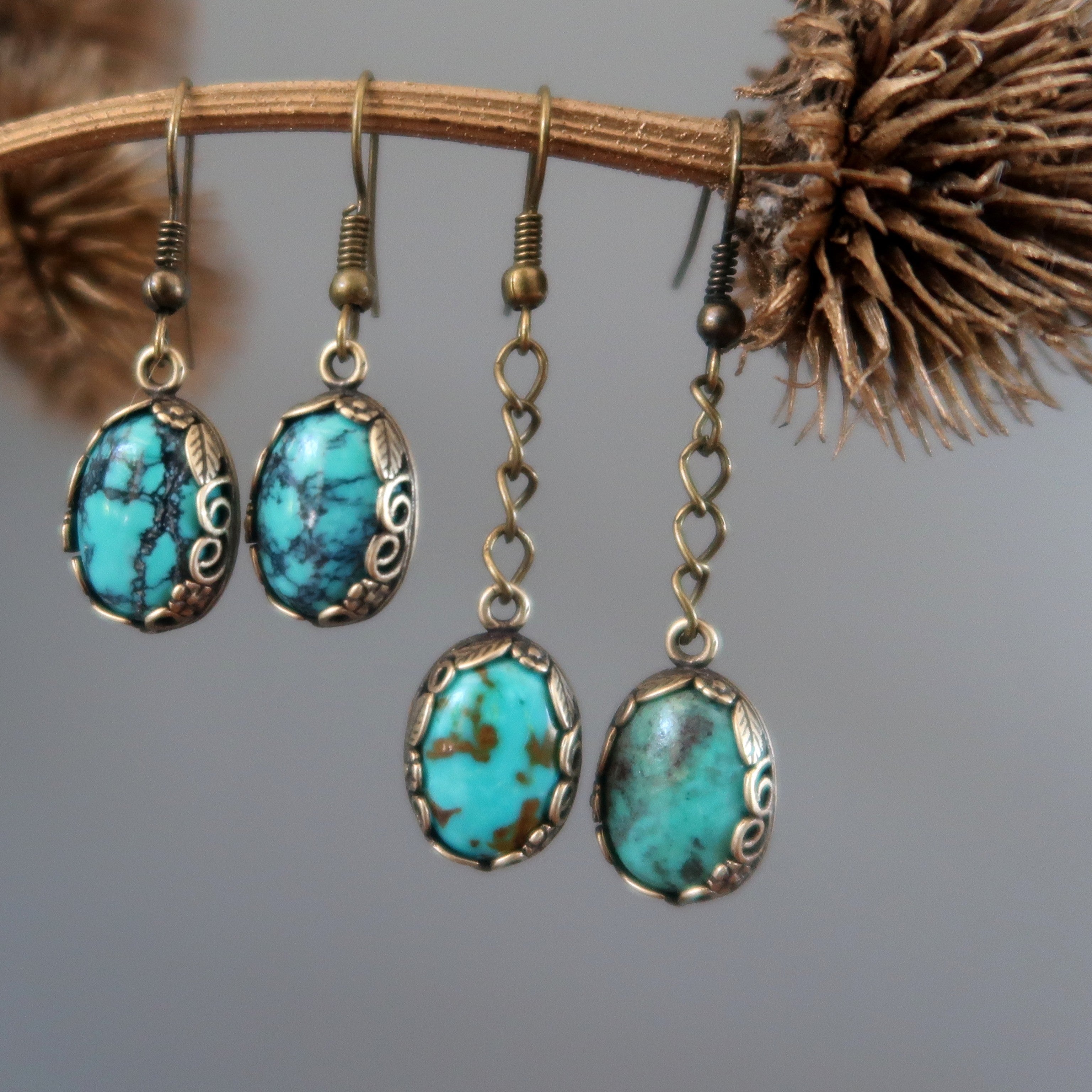 Boucles d'oreilles turquoise Pierres précieuses de la Terre et du Ciel Feuille vieillie