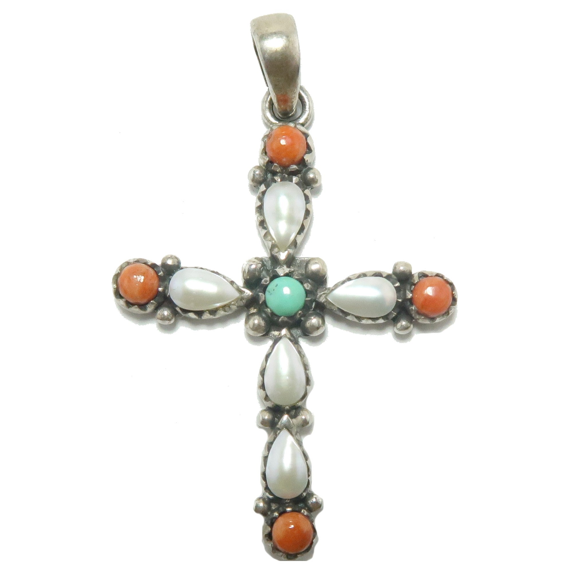 Turquoise Pendant Cross Pearl Red Coral Sterling Silver
