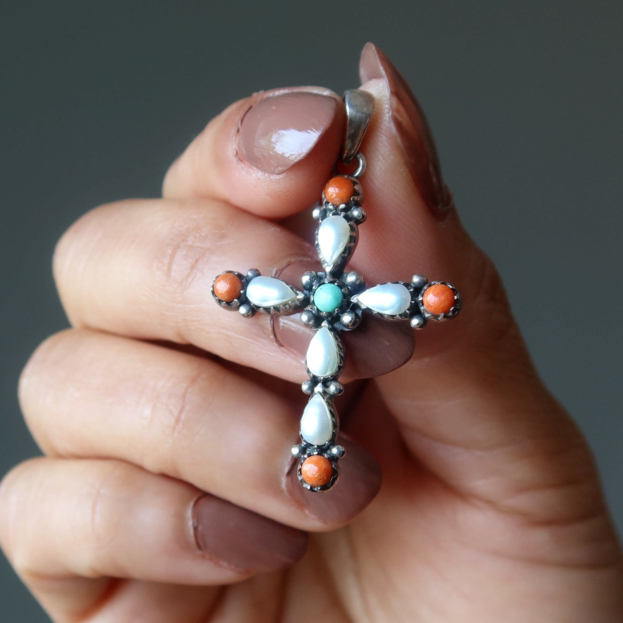 Turquoise Pendant Cross Pearl Red Coral Sterling Silver