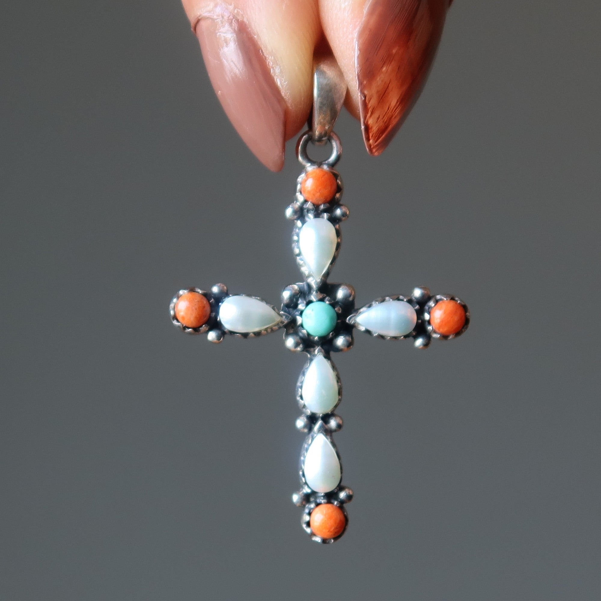 Turquoise Pendant Cross Pearl Red Coral Sterling Silver