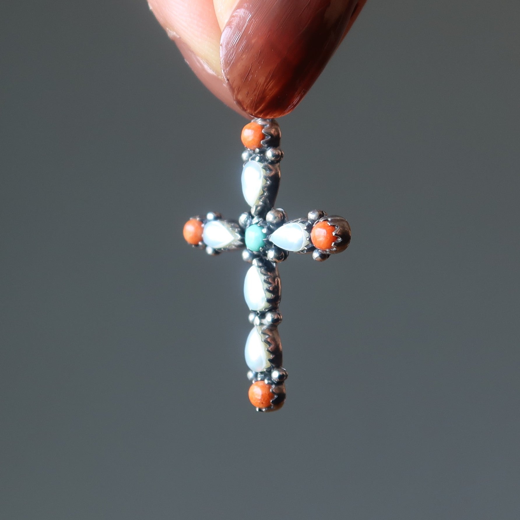 Turquoise Pendant Cross Pearl Red Coral Sterling Silver