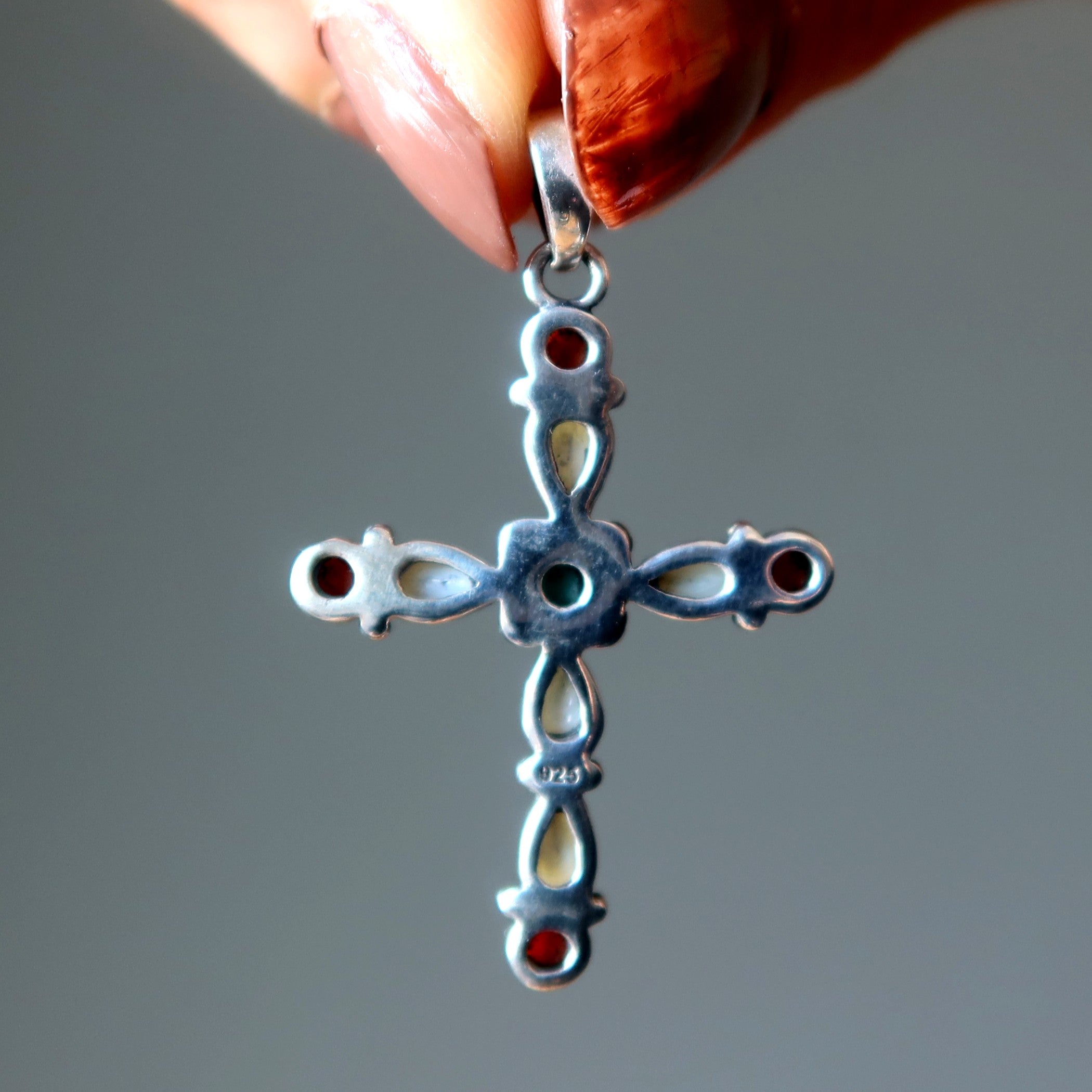 Turquoise Pendant Cross Pearl Red Coral Sterling Silver