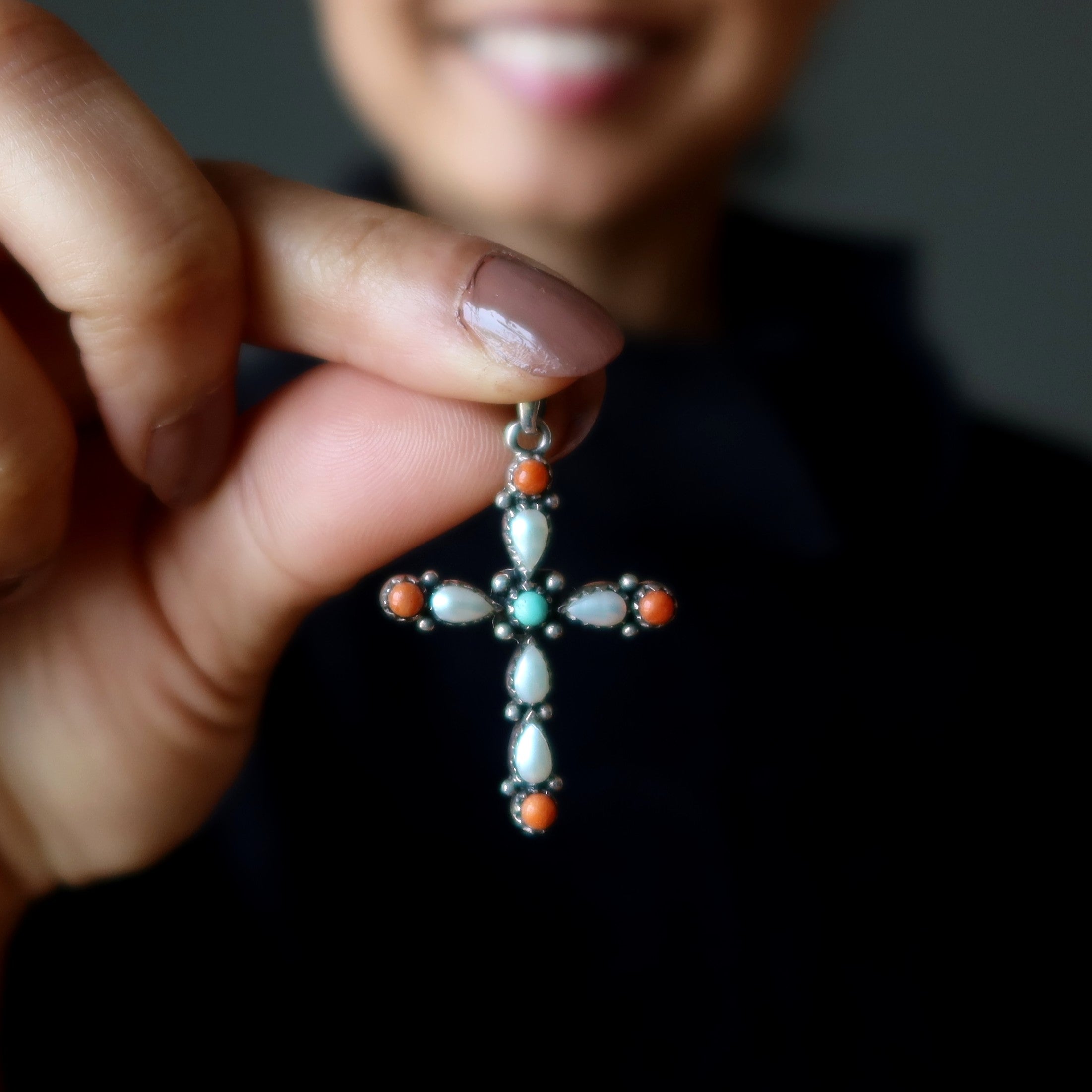 Turquoise Pendant Cross Pearl Red Coral Sterling Silver