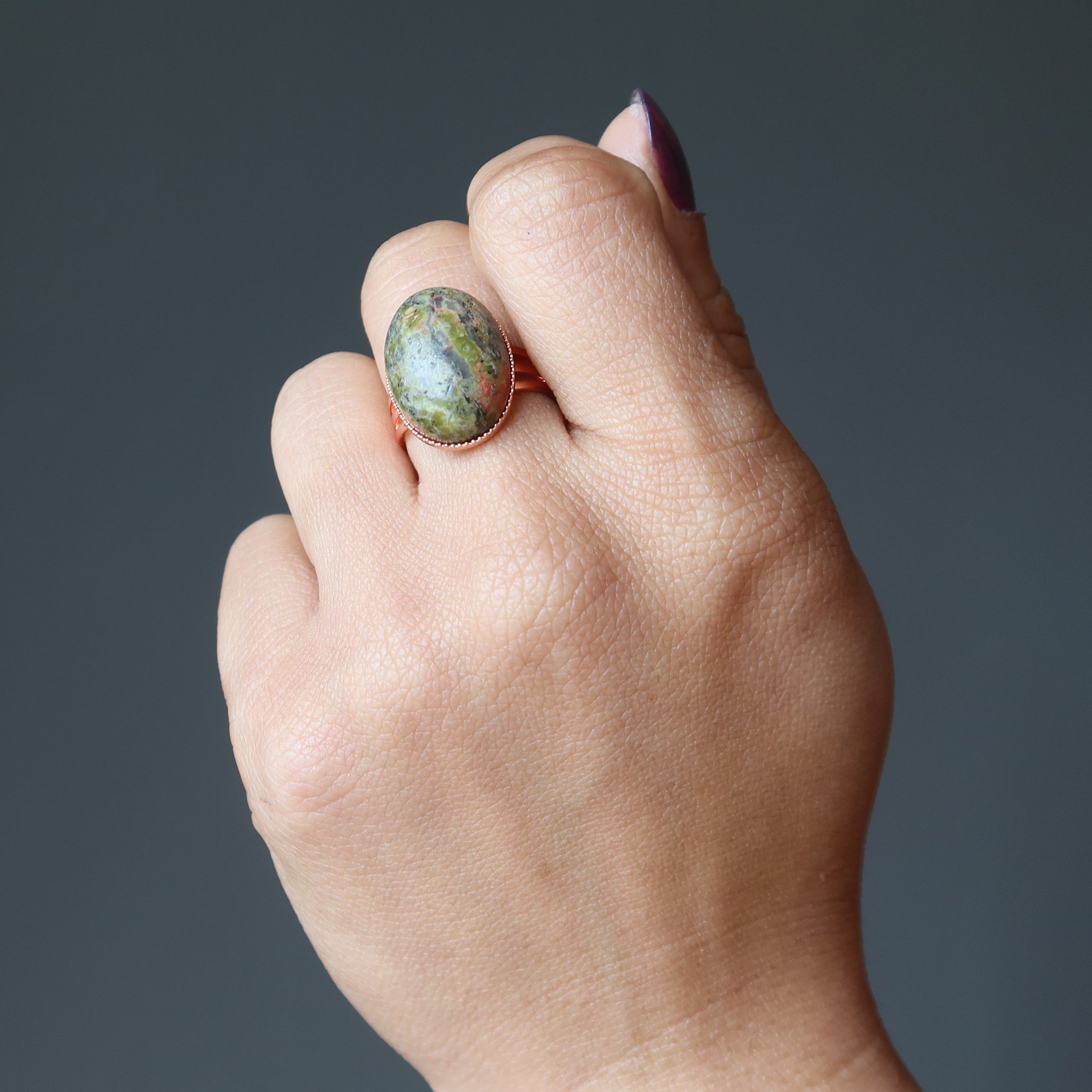 Bague Unakite Chêne Puissant Cristal Cuivre Réglable