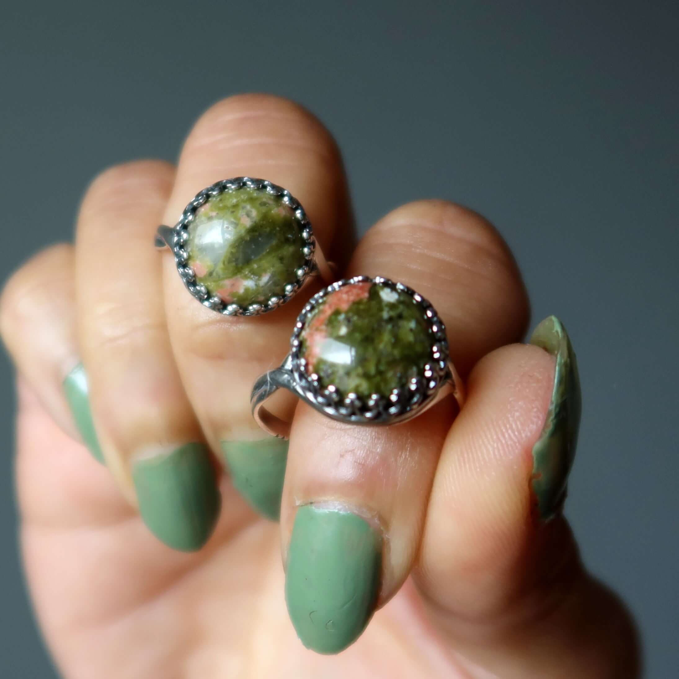 Bague Unakite Vert Printemps Rose Argent Sterling Ajustable