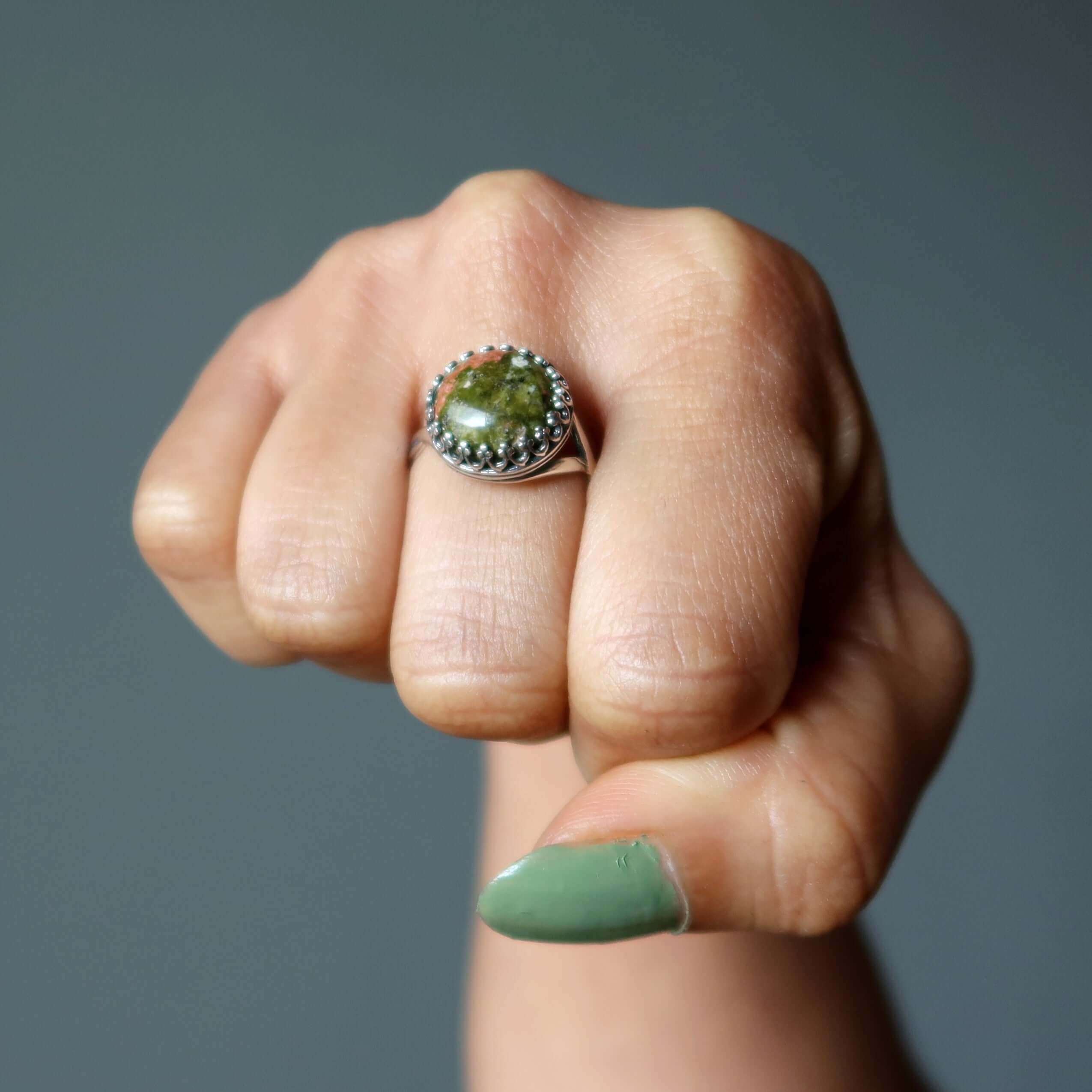 Bague Unakite Vert Printemps Rose Argent Sterling Ajustable