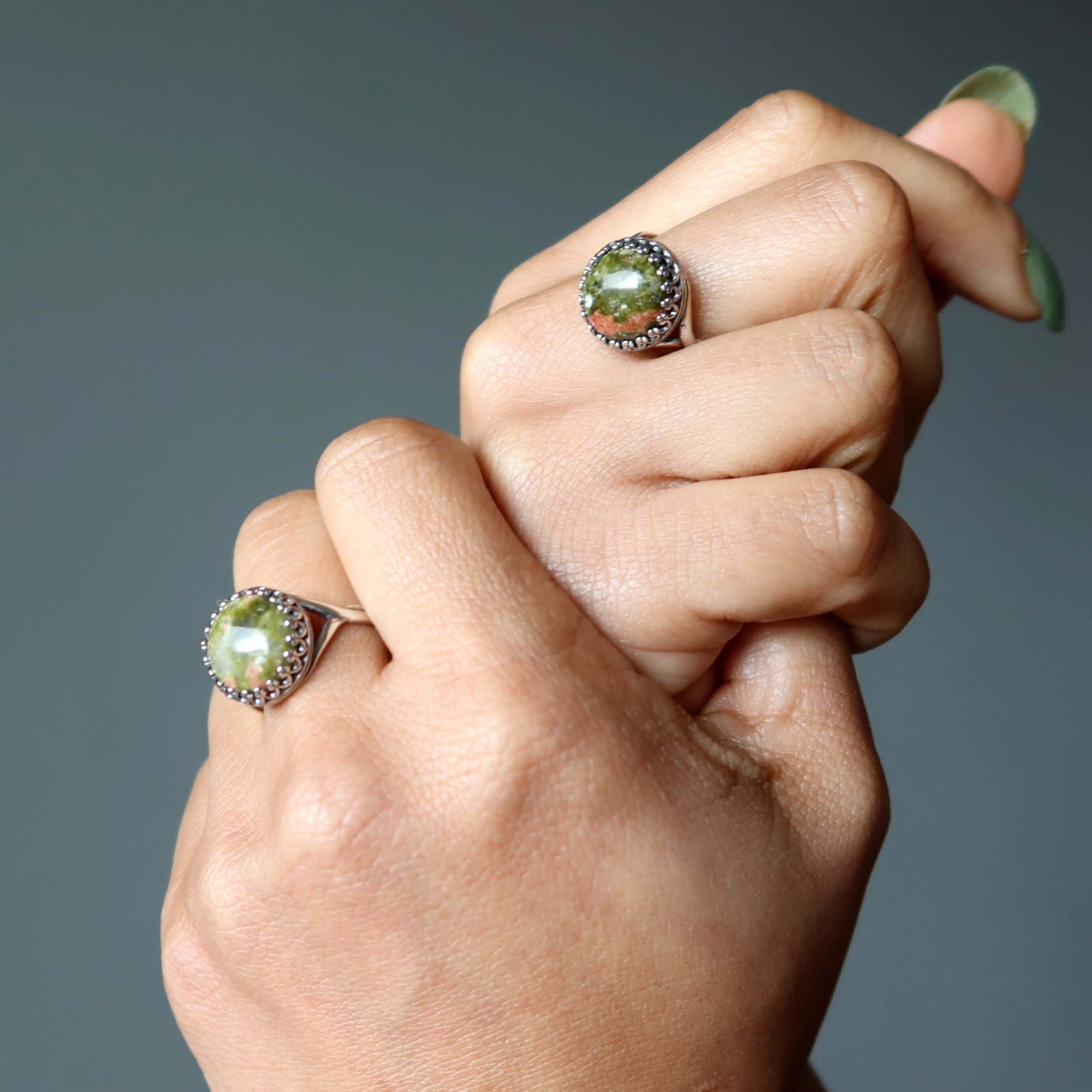 Bague Unakite Vert Printemps Rose Argent Sterling Ajustable