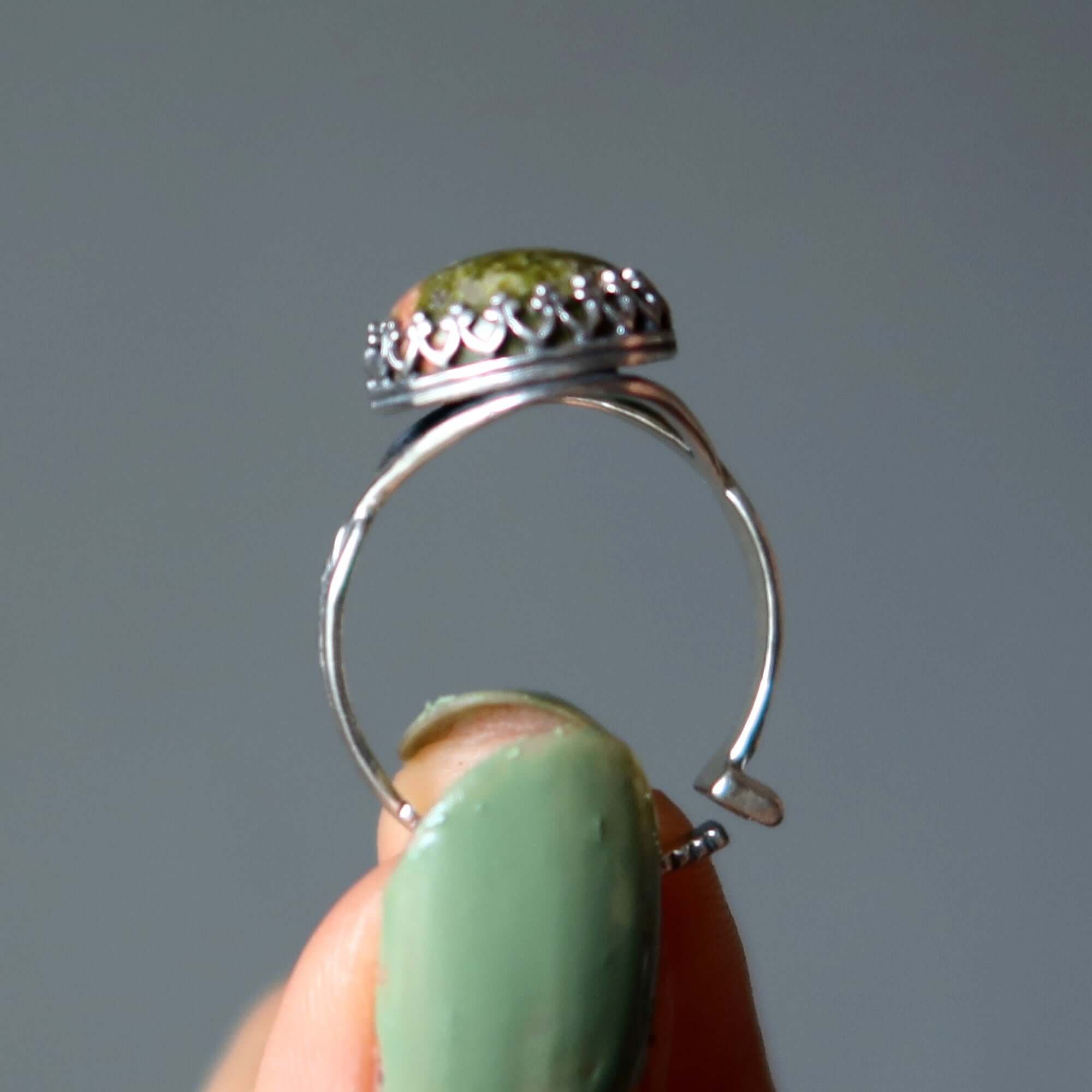 Bague Unakite Vert Printemps Rose Argent Sterling Ajustable