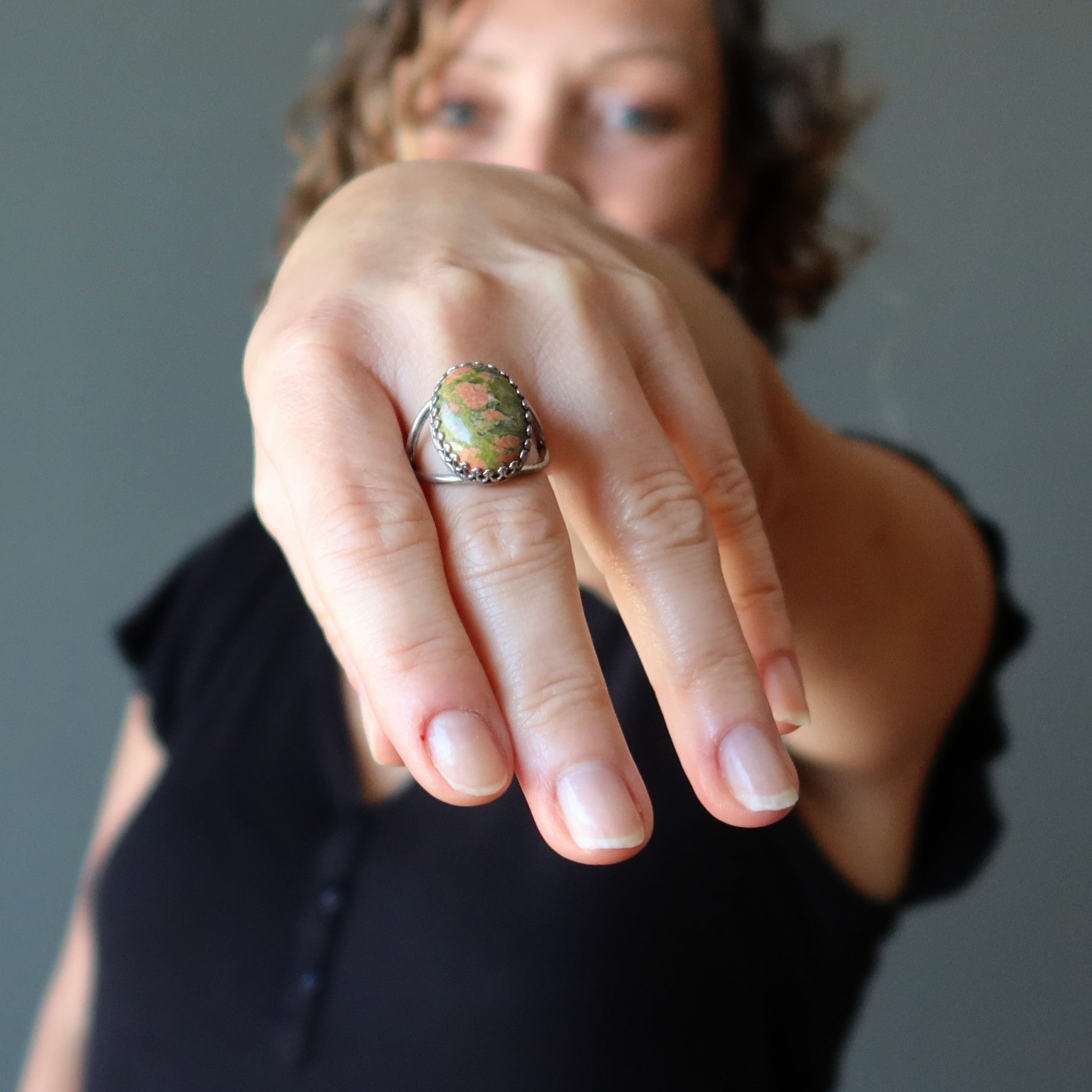 Unakit Ring Naturstein Sterling Silber Verstellbar
