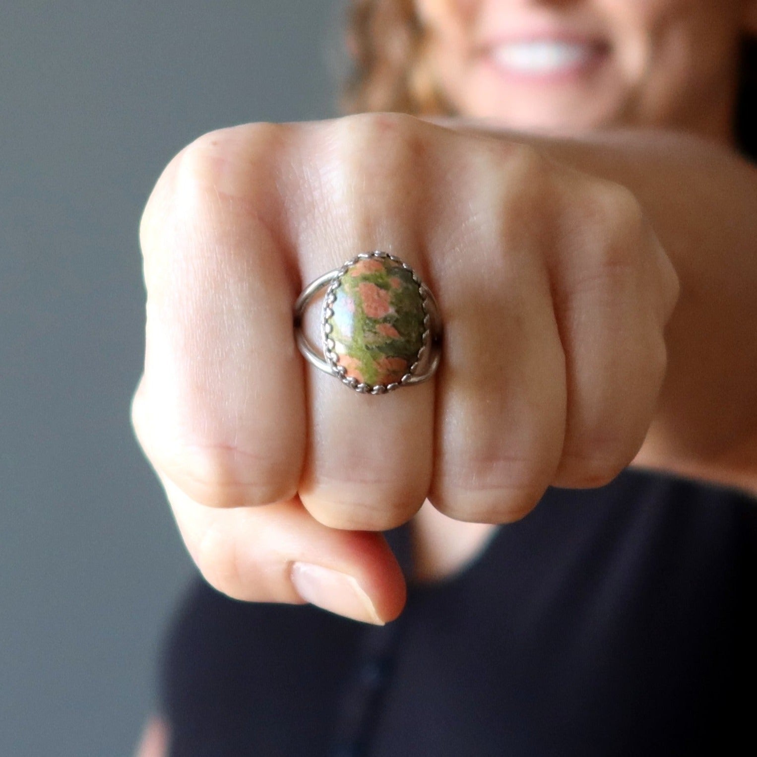 Unakit Ring Naturstein Sterling Silber Verstellbar