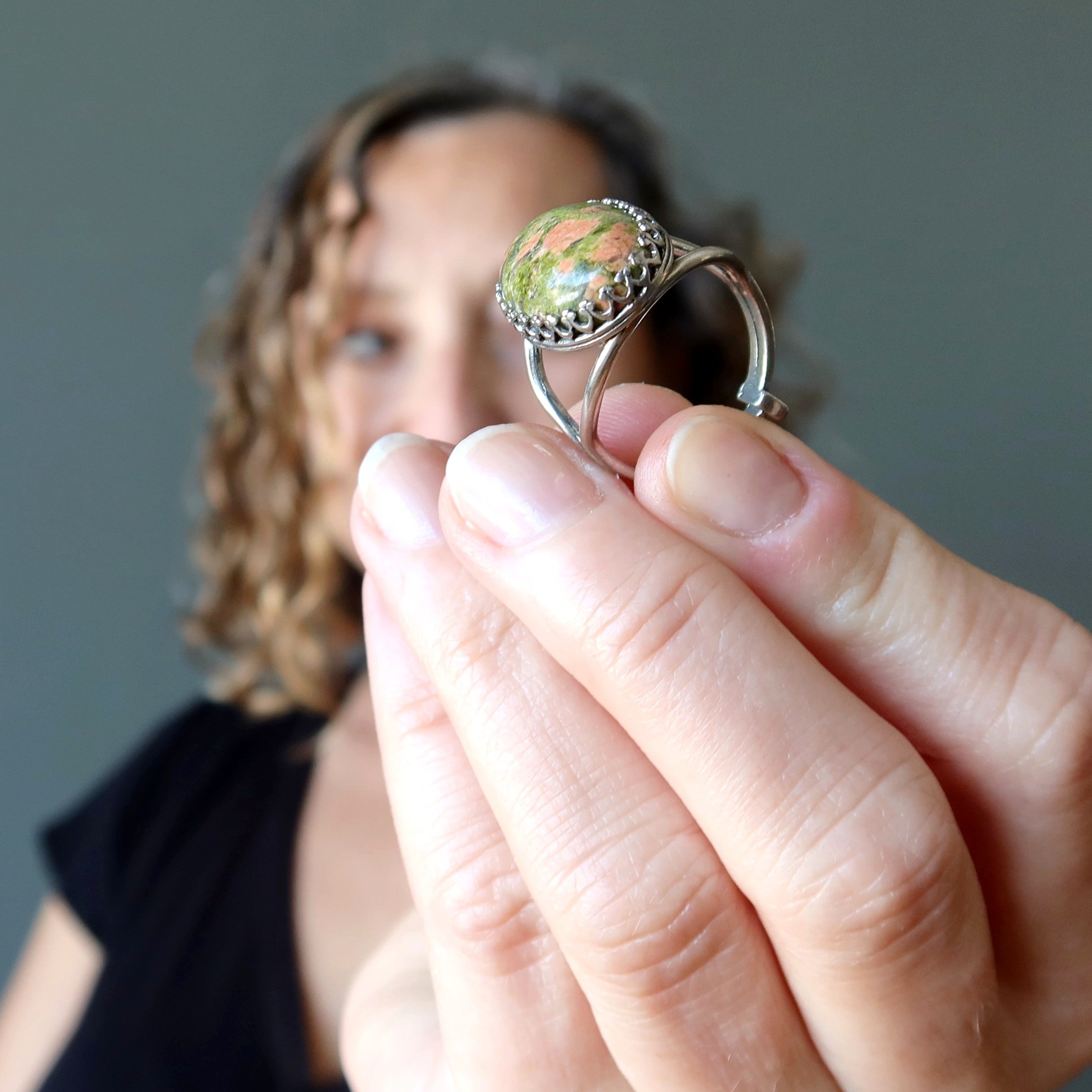 Unakit Ring Naturstein Sterling Silber Verstellbar