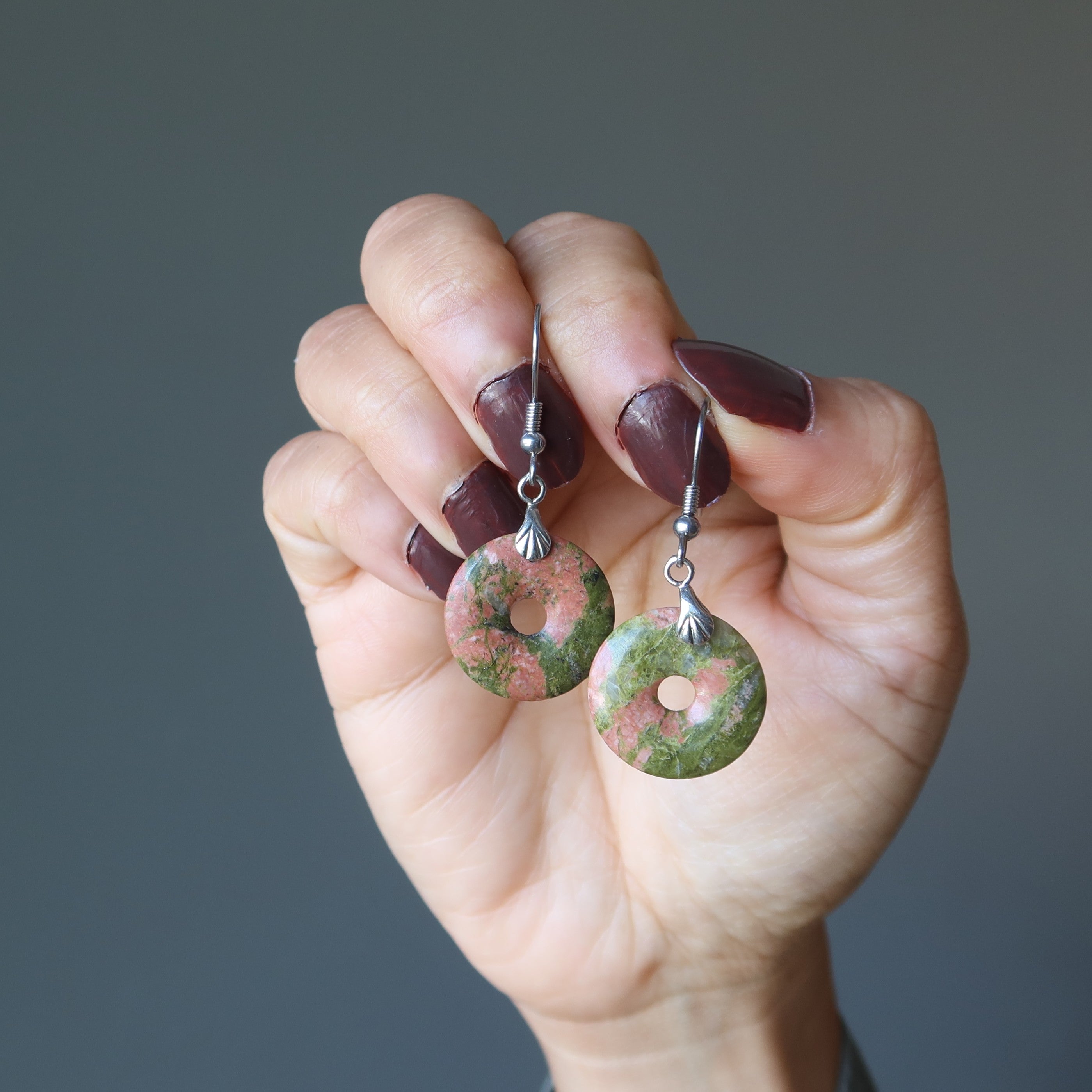 Unakite Earrings Fun Friends Excersion Stones Green Pink Donut