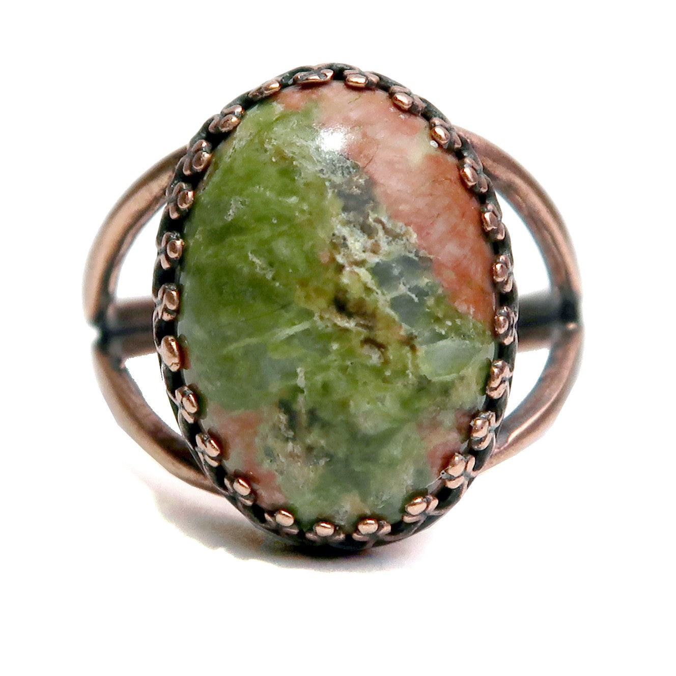 Bague en unakite Planète Terre en cuivre vieilli ajustable