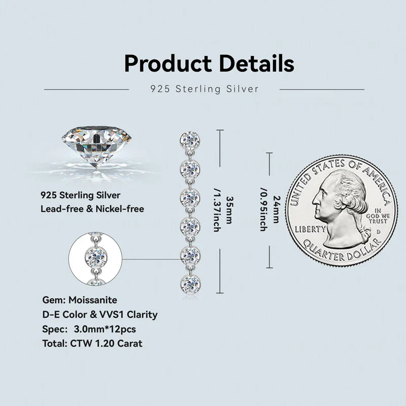 Boucles d'oreilles pendantes en moissanite ronde VVS1 D, argent sterling 925, cadeau de mariage