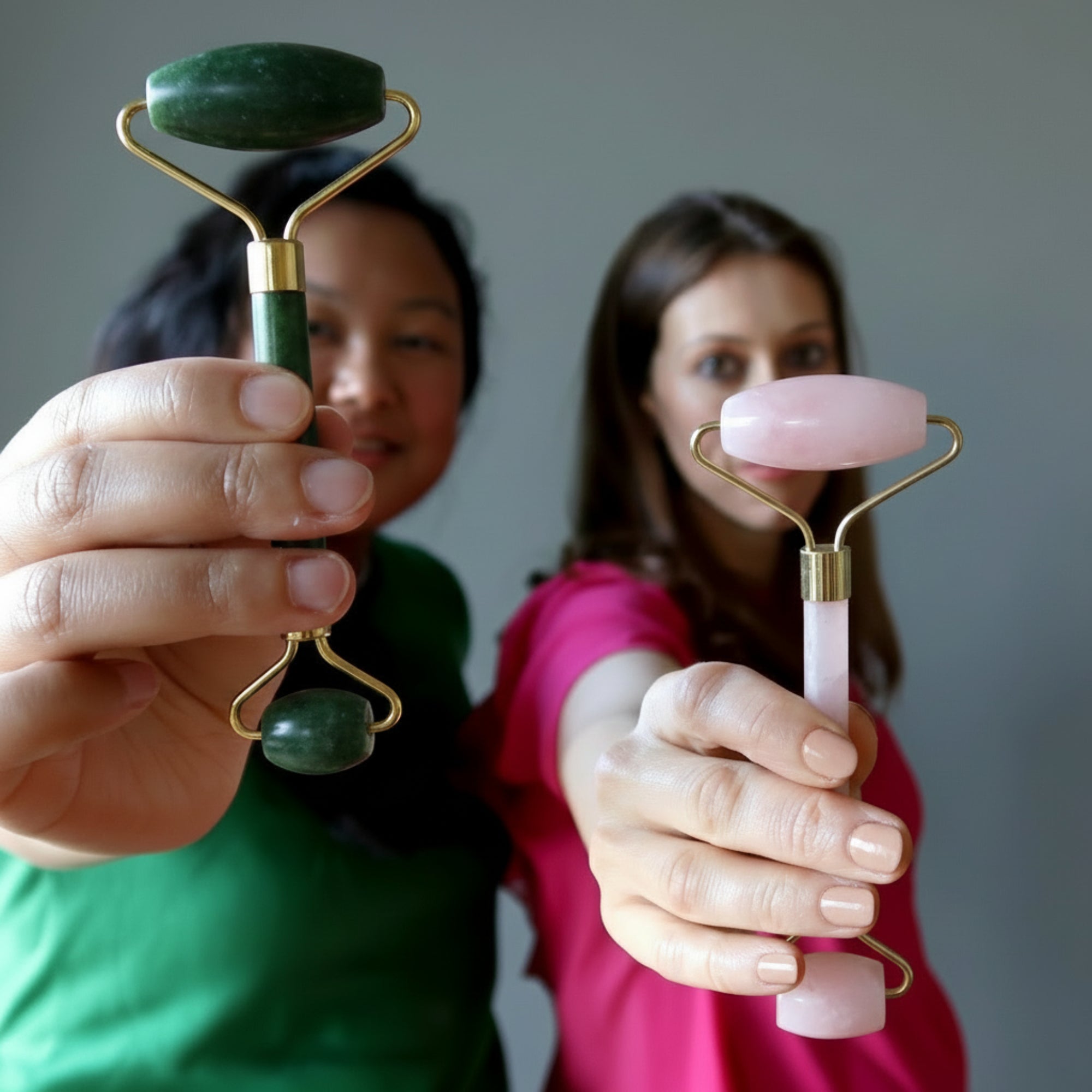 Jade and Rose Quartz Facial Roller Crystal Massage Wand Set