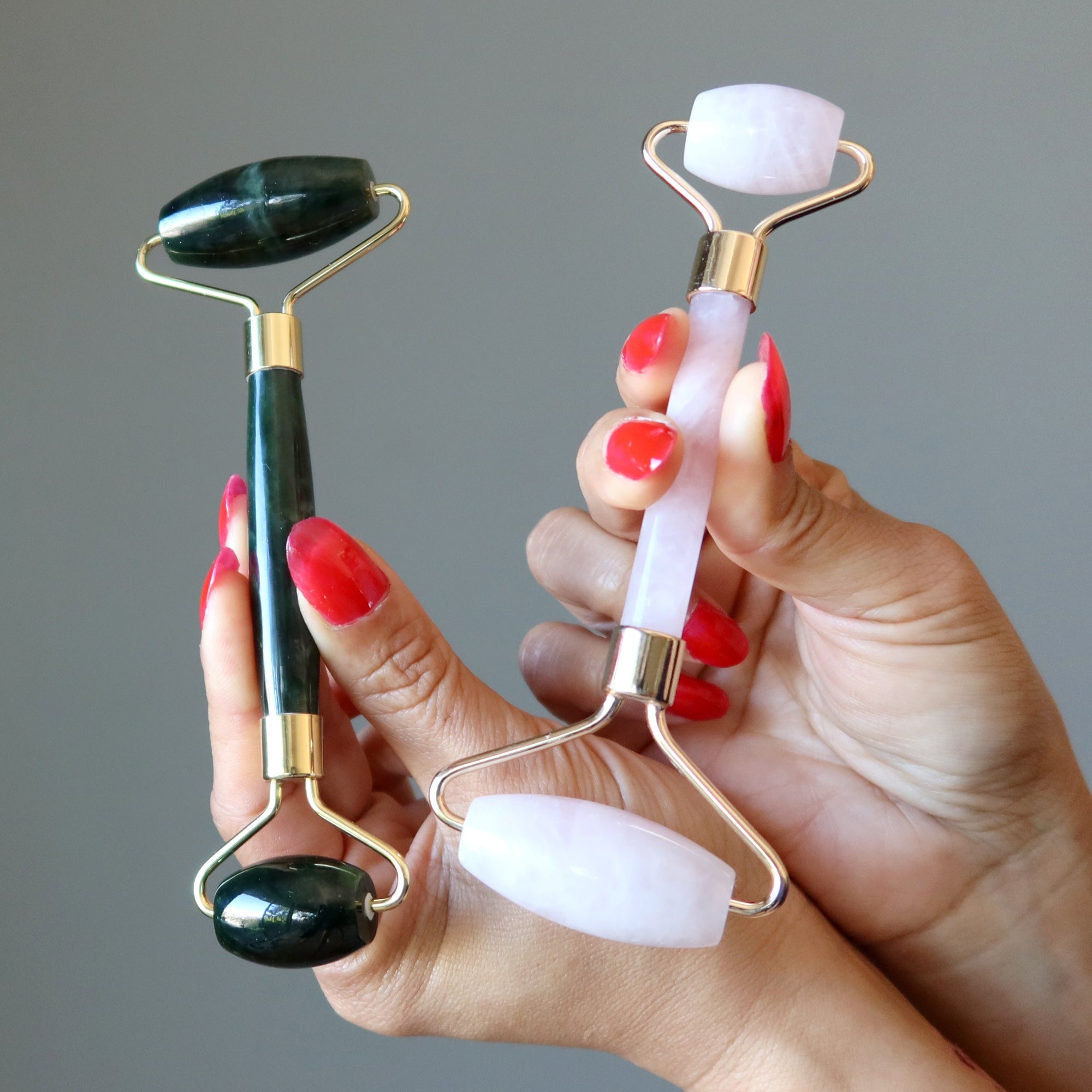 Jade and Rose Quartz Facial Roller Crystal Massage Wand Set