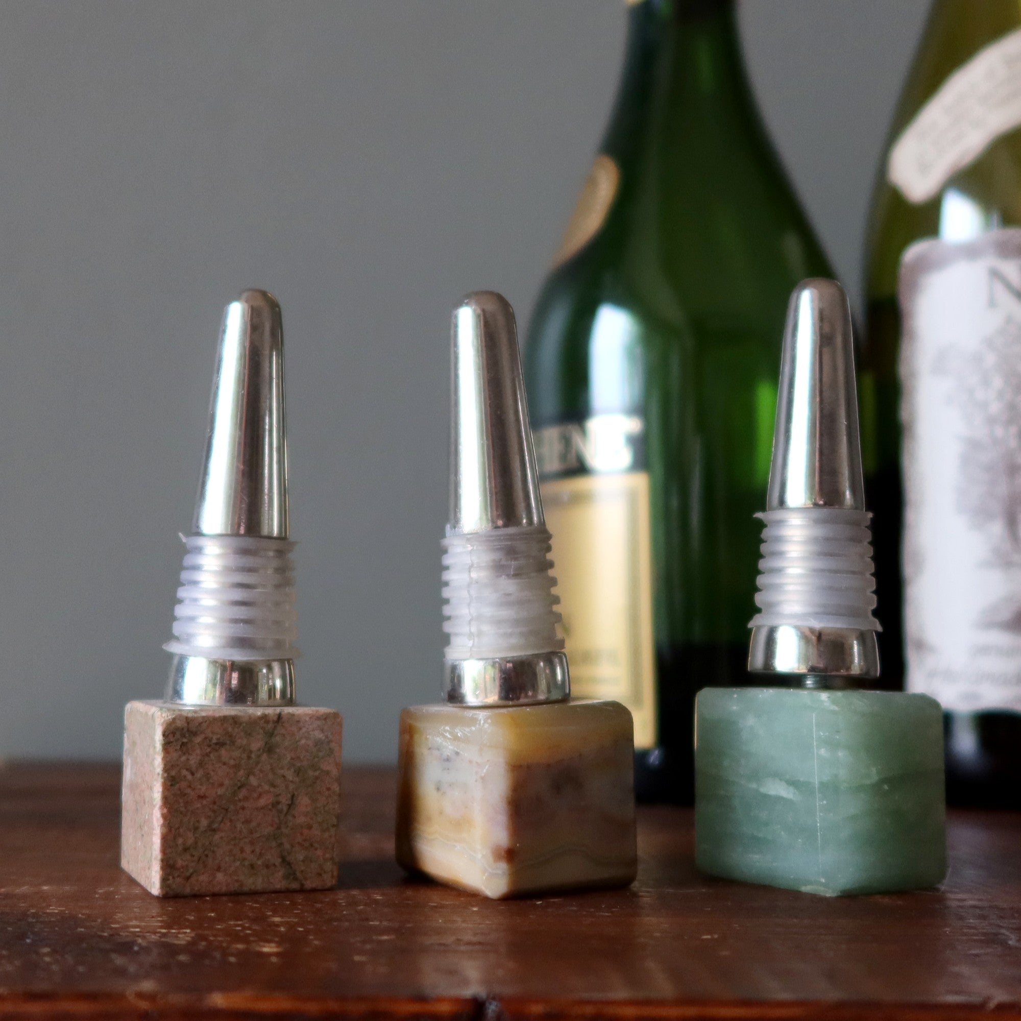 Ensemble de 3 bouchons de bouteille en cristal pour vin, soirée, cube, cadeau, aventurine, calcite, unakite